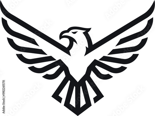 Minimalist black eagle silhouette displaying wide wingspan in a stylized geometric artistic vector illustration suitable for modern branding projects like sports team logos or emblems