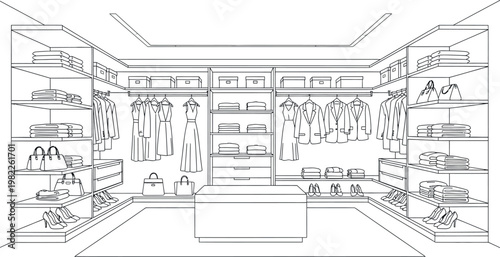Detailed line art illustration of an elegant walk-in closet interior, featuring various clothes, shoes, handbags, and organized shelves, drawers, and hanging racks for a modern dressing room.