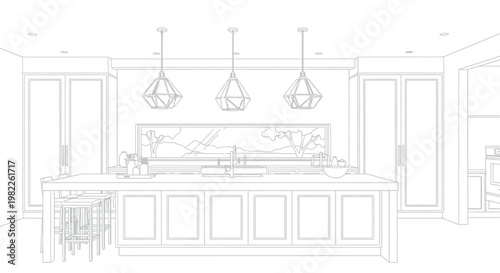 Intricate line art illustration showing a luxury kitchen island featuring geometric pendant lights hanging above a long wooden counter in a spacious modern residential home interior