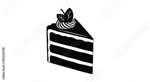 A monochrome illustration depicts a single slice of layered chocolate cake with mint garnish high quality