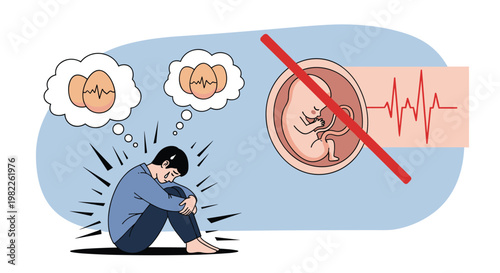 Person feeling sad and mourning an unborn child with images of cracked eggs and a crossed-out fetus heartbeat symbol on the side.