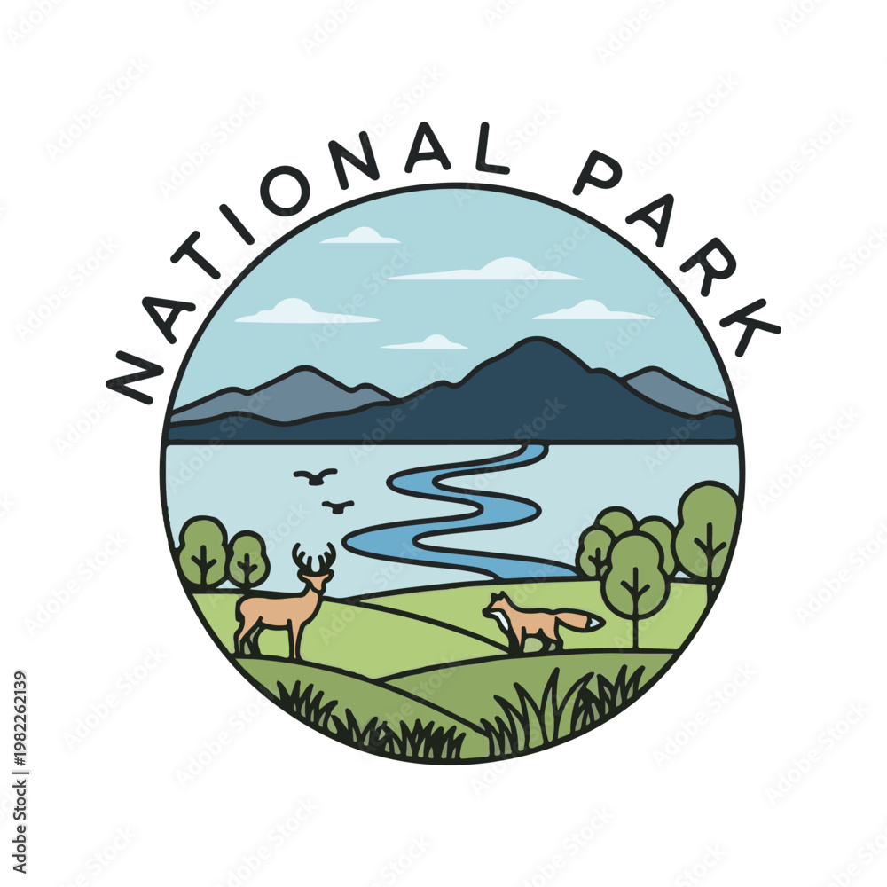 Fototapeta premium Beautiful Landscape of a National Park Featuring a River, Mountains, Forest, Deer, and Fox in a Circular Emblem Design