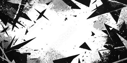 An abstract black and white grunge background features a dirty ink splash texture and vintage paint splatter design within a distressed paper border frame
