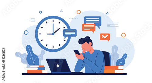 Stressed office worker looking at a smartphone while sitting at a desk with a laptop and a large clock showing late working hours.