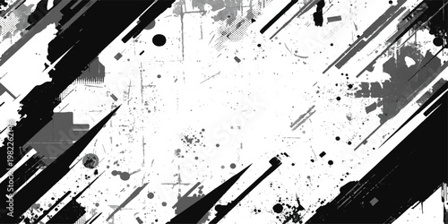 Abstract grunge vector design featuring ink splatters and black paint stains on a dirty paper texture with a clock silhouette frame