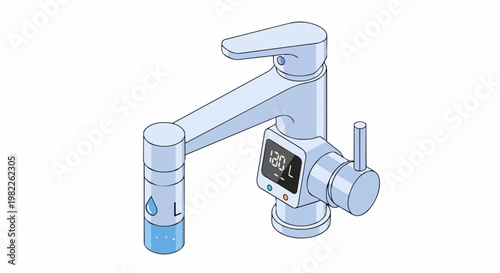 Modern Smart Faucet with Digital Water Meter and Filter Isometric Illustration for Water Conservation and Sustainable Technology