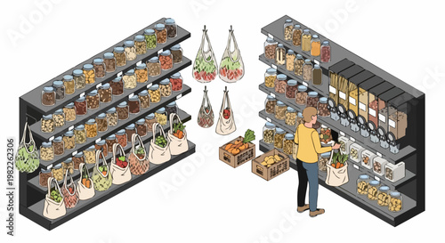 Isometric Illustration of a Zero Waste Grocery Store with Person Shopping for Bulk Food and Sustainable Packaging