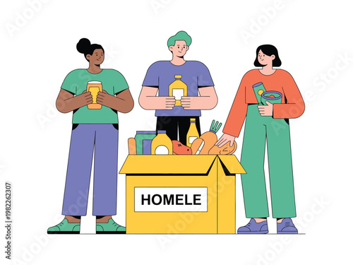 Volunteers pack food boxes for families.