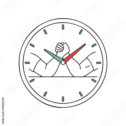 Arm wrestling match superimposed on a clock face, symbolizing the concept of time being a competitive arena or a race against time, with each arm representing a competing force