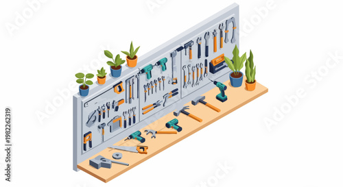 Isometric Workshop Tool Pegboard and Workbench Organizer for DIY Home Improvement Projects