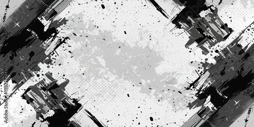 Vintage black ink splatters and messy paint stains create a grungy abstract vector background with a dirty brush texture and an old paper border frame design