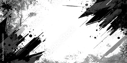 Black ink splat and paint spray drips form an abstract grunge background with a dirty splatter texture and liquid brush stroke elements for an artistic vector border design