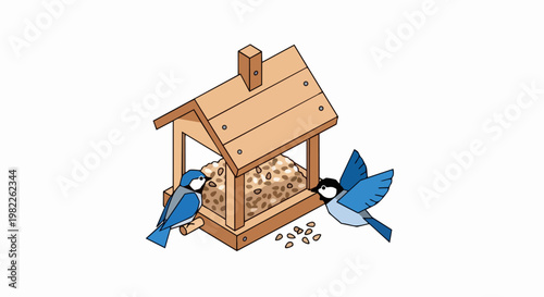 Geometric Wooden Bird Feeder with Blue Birds and Seeds, Flat Vector Illustration Isolated on White Background