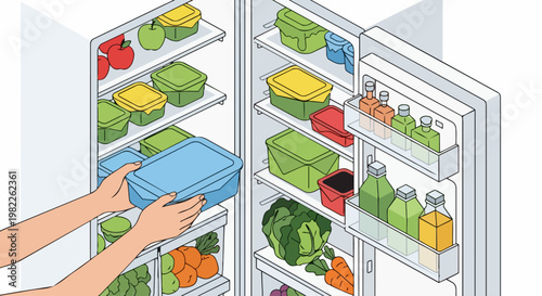 Organized Refrigerator with Fresh Produce and Meal Prep Food Containers