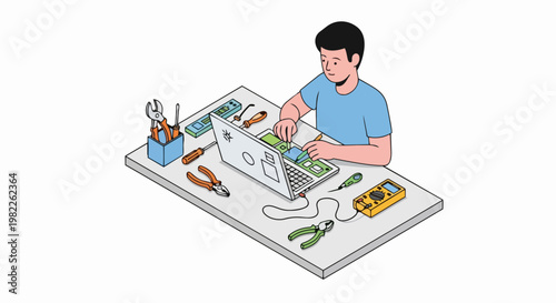 Laptop Repair Service Illustration: Technician Fixing Computer Hardware on Workbench with Professional Tools