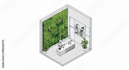 Isometric Modern Office Reception with Living Green Wall and Biophilic Design Illustration