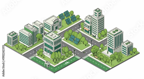 Isometric Eco-Friendly Smart City Illustration with Solar Panels, Sustainable Architecture, and Green Urban Spaces