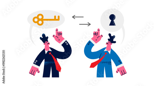 A vector graphic illustration of two businessmen exchanging a key and keyhole