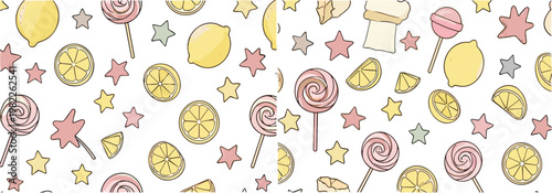 Cute Seamless Pattern with Lemon Slices Lollipops Stars and Candy Sweet Dessert Background Vector Illustration Design