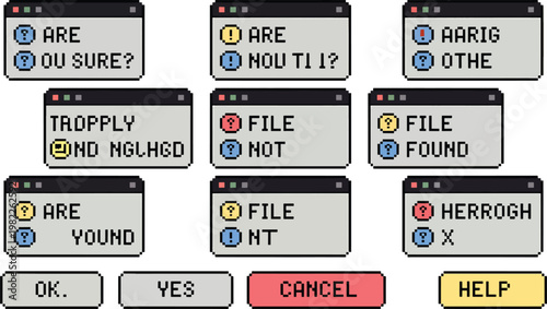 Retro computer dialog boxes with text prompts and buttons, dialog box