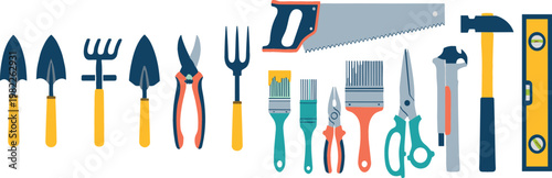 Kitchen and construction tools collection with cooking utensils hand tools gardening equipment and workshop items vector illustration set