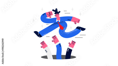 A cartoon businessman is pulled in multiple directions by unseen forces