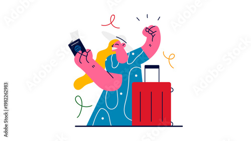 A colorful illustration of a woman celebrating with a suitcase and phone