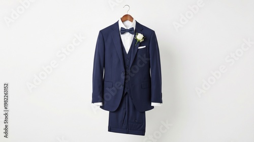 Elegant Groom's Attire: A navy suit, elegantly displayed on a wooden hanger, epitomizes classic sophistication. The attire includes a waistcoat, crisp white shirt, and a stylish bow tie.