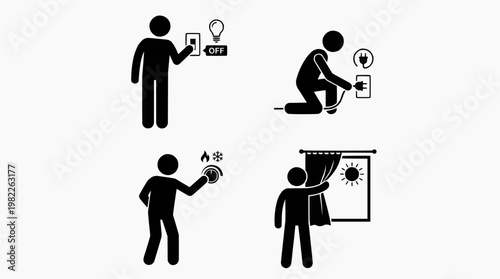Four simple images showing different actions, a person flipping a switch, a person connecting to a socket, a person setting up two choices, and a person opening curtains