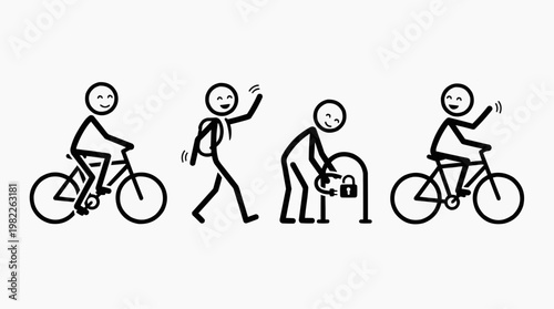 A stick figure shows activities of one person with a bike, locking and riding a bicycle, concept image for lifestyle.