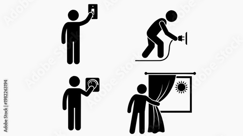Various illustrations depicting different actions with the figure of a person, including actions related to the electrical system and adjusting the environment
