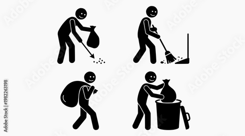 Cleaning up litter, performing tasks like sweeping and carrying a trash bag, and then throwing the litter into a bin