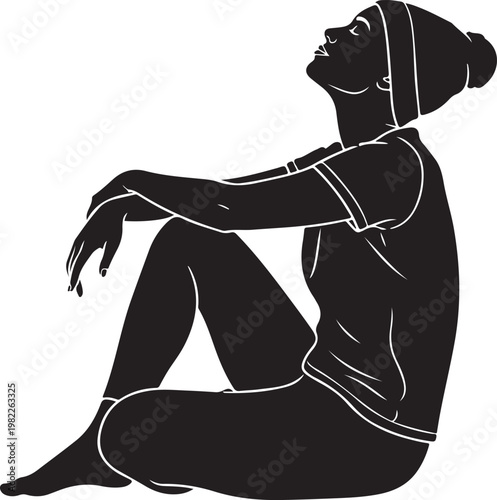 Sad lonely woman sitting alone in darkness silhouette isolated on white background.