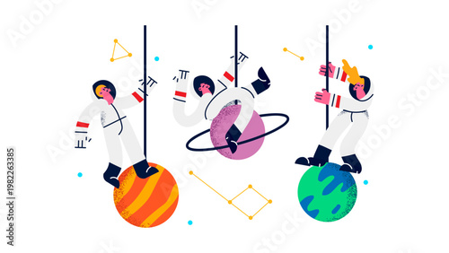 Astronauts in space suits swinging on ropes around planets and stars