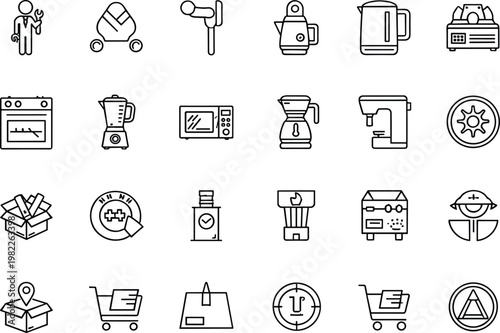 Universal Line Icons Set with Tools Appliances Delivery Shopping and Service Symbols Outline Vector Illustration Collection