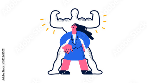 A confident businesswoman standing in front of a larger, stronger version of herself