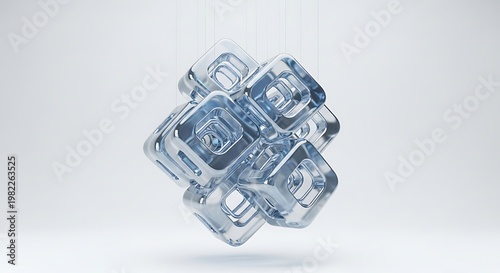 Abstract cluster of transparent blue cubes geometric 3D render for technology and science concepts clean background