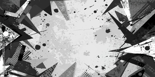 Geometric Shattered Abstraction: A captivating black and gray abstract design with a dynamic, explosive composition, the central area offers a sense of vast space. 