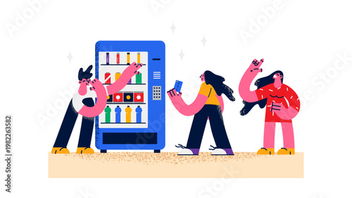 A colorful illustration of people interacting with a vending machine