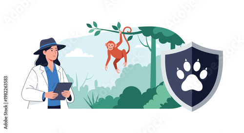 Wildlife conservation officer uses a digital tablet while standing in the forest near a monkey to ensure animal safety and protection.