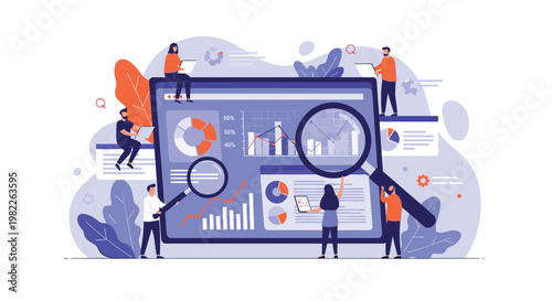 Analysts use magnifying glasses to examine financial charts and market statistics on a giant computer monitor for business intelligence.