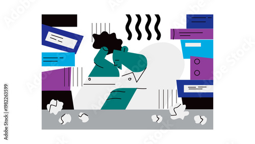 A stressed woman surrounded by paperwork and documents in a chaotic workspace