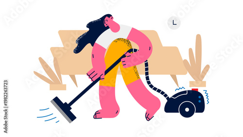 A woman vacuuming a floor with a modern vacuum cleaner in a living room