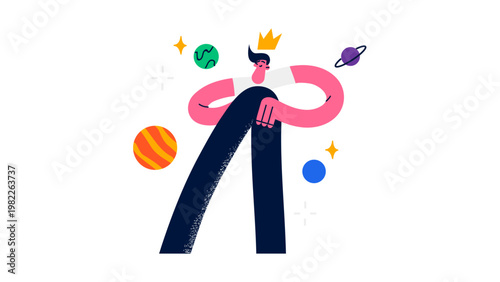 A cartoon man wearing a crown surrounded by planets and stars