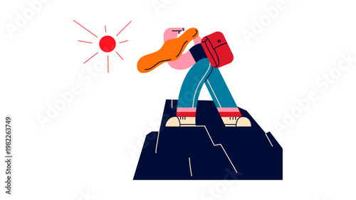 A colorful vector illustration of a person hiking on a mountain