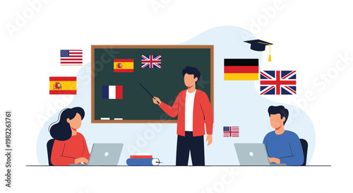 Classroom setting shows a teacher pointing at different national flags on a blackboard while students learn various foreign languages.
