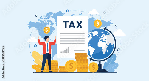 Financial expert manages international tax documents and monetary policy with global maps and stacks of gold coins in the background.