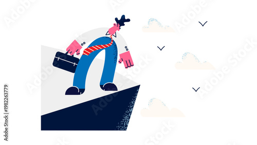 A businessman falling off a cliff into the air with clouds and checkmarks