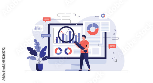 Businessman holds a large magnifying glass to inspect growth charts and performance metrics on a computer screen for data analysis.