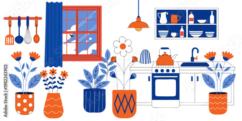 Colorful kitchen illustration with white stove red kettle various potted flowers illustration interior domestic lifestyle utensils colorful apartment cleaning kitchenware breakfast